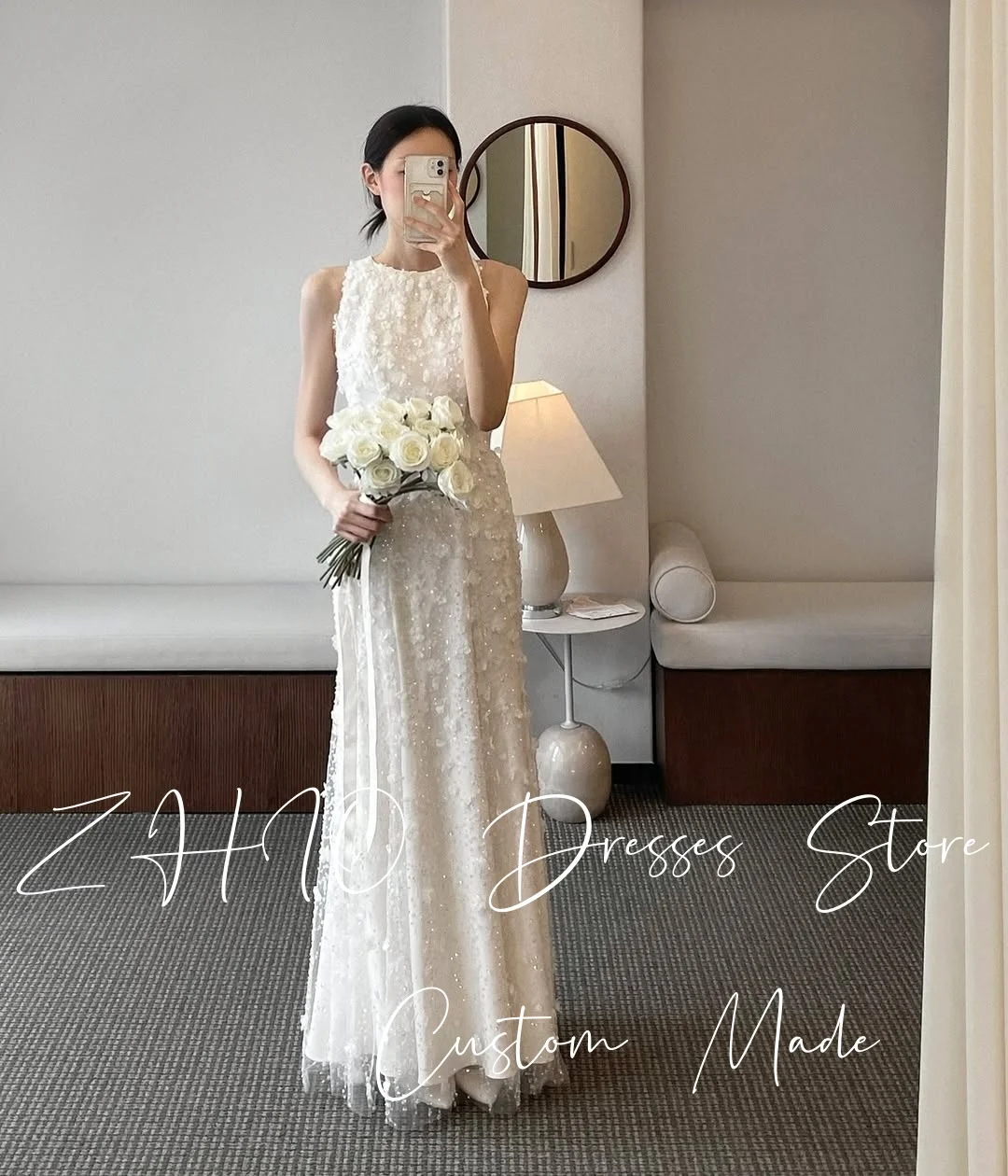 ZHIO 絶妙なアップリケのウェディングドレス O ネックノースリーブアイボリーサテン韓国写真撮影ブライダルドレスカスタマイズされたエレガント 웨딩드레스