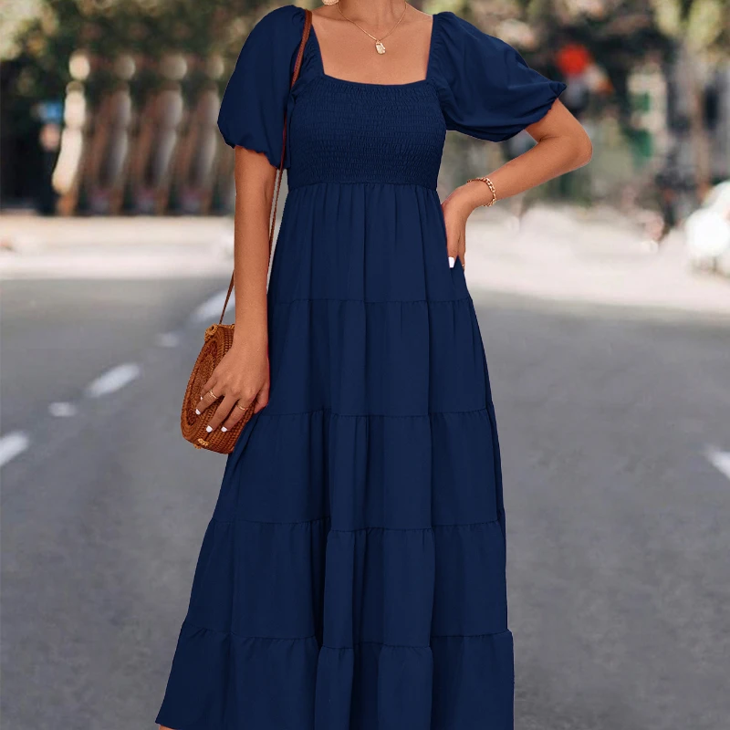 

Fashion Womens Square Neck Smocked Flowy Midi Long Dress Vintage Puff Short Sleeve Solid Tiered Ruffled Hem Swing A-Line Dresses