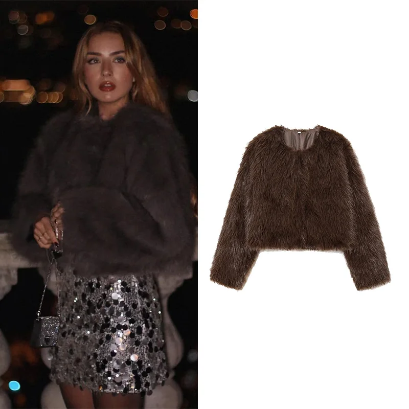 

NERHEFZ Autumn Women Chic Fur Short Jacket Winter Long Sleeve O Neck Women's Coats Fashion Female Tops