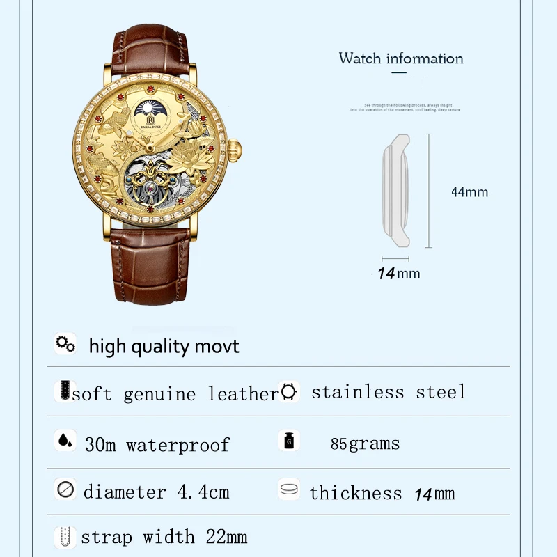 Imagem -06 - Moonphase Relógios Mecânicos Masculinos Relógio Esqueleto Relógio de Pulso Turbilhão Automático w Diamante Ouro