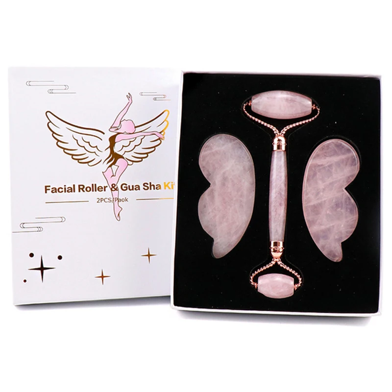 

Natural Rose Quartz Jade Roller Gua Sha Set Face Beauty Lifting Jade Massager Gouache Scraper Skin Care Tools With Box