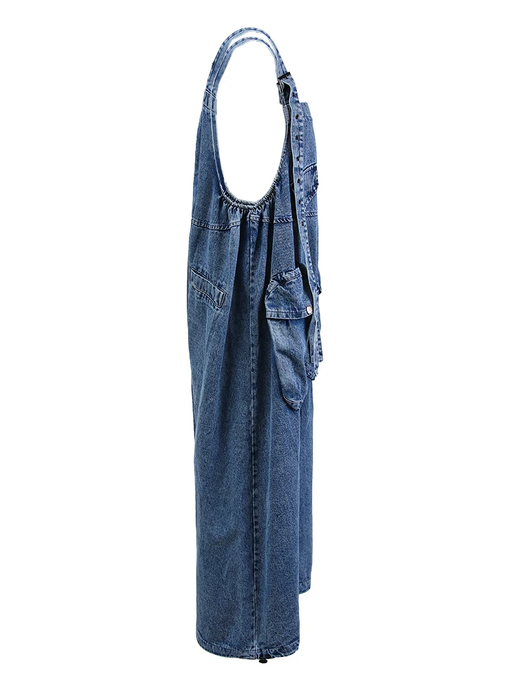 [Eam] cintura alta bolso azul tamanho grande denim macacão calças novo solto ajuste calças femininas moda maré primavera outono 2024 1k16401