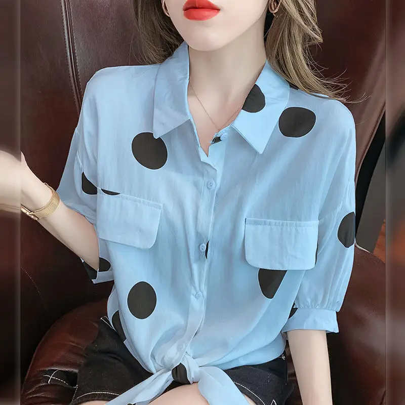 Women Summer Korean Simplicity Loose Lacing Polka Dot Polo-Neck Short Sleeve Shirts Women Clothes Casual All-match Trend Tops