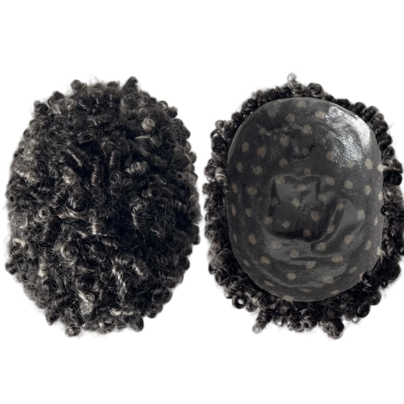 

Индийские девственные человеческие волосы 15 мм вьющиеся волосы # 1б Выделите # 60-цветный парик для кожи 8x10 узлов из искусственной кожи для белых мужчин