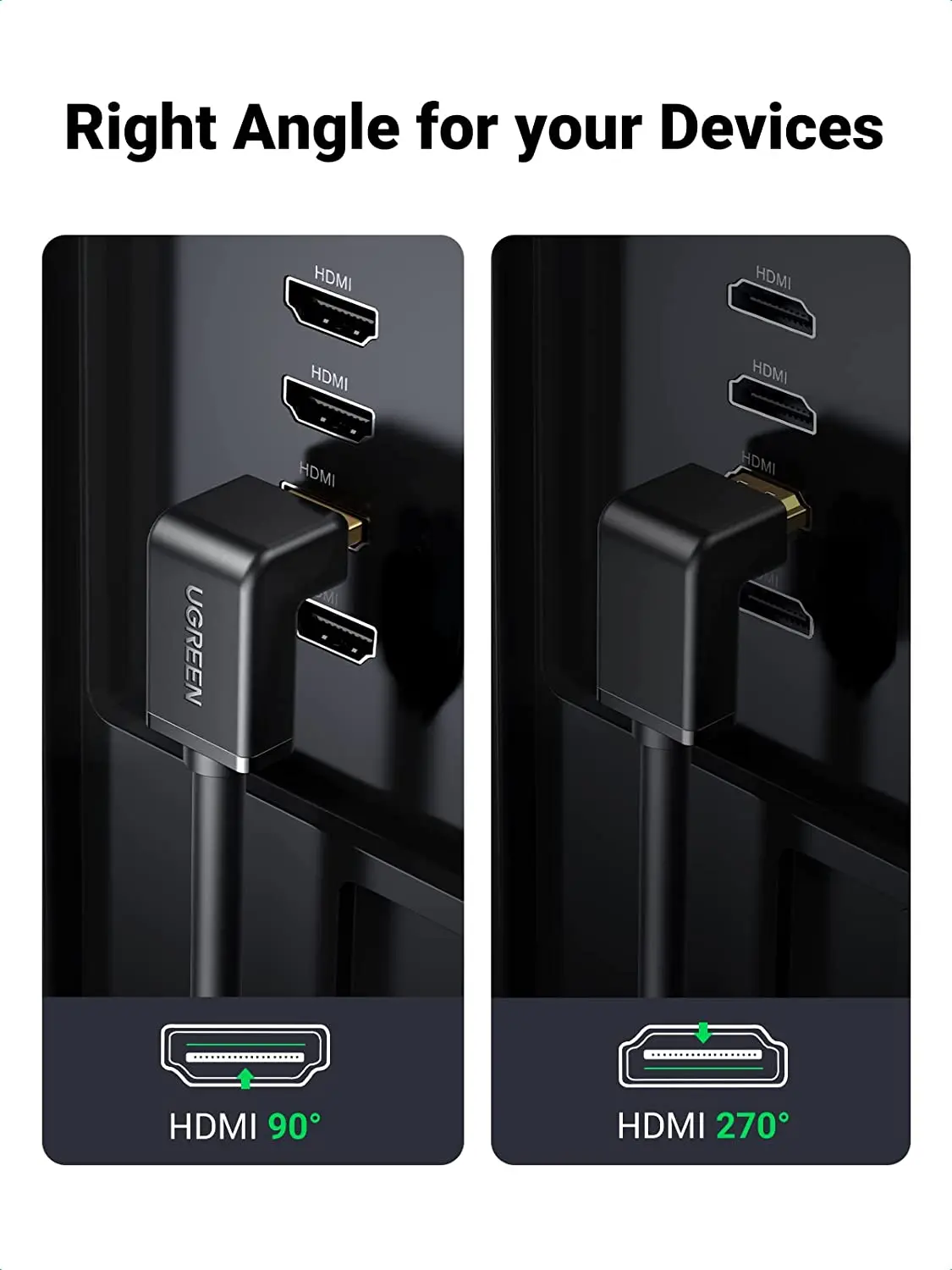 UGREEN HD-MI 케이블 직각 4K 90도 HD-MI 코드 고속 다운 앵글 HD-MI 2.0 케이블