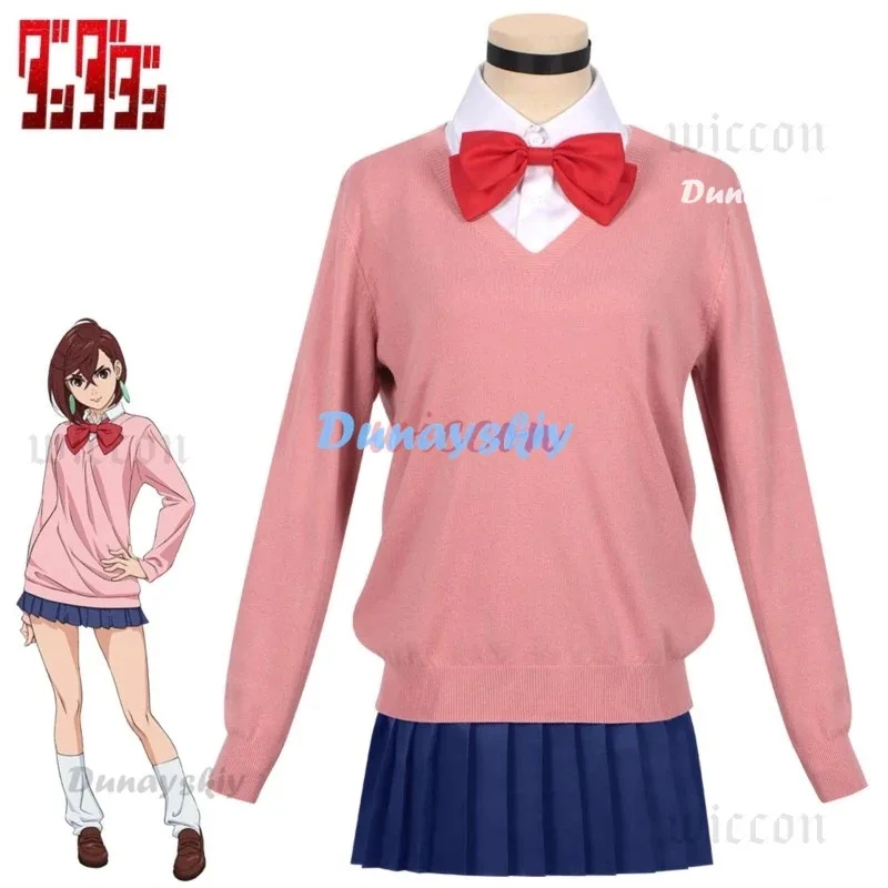 Momo Ayase-Peluca de disfraz para mujer, uniforme escolar JK de Anime Dandadán, pendientes, suéter rosa, falda, fiesta de Halloween
