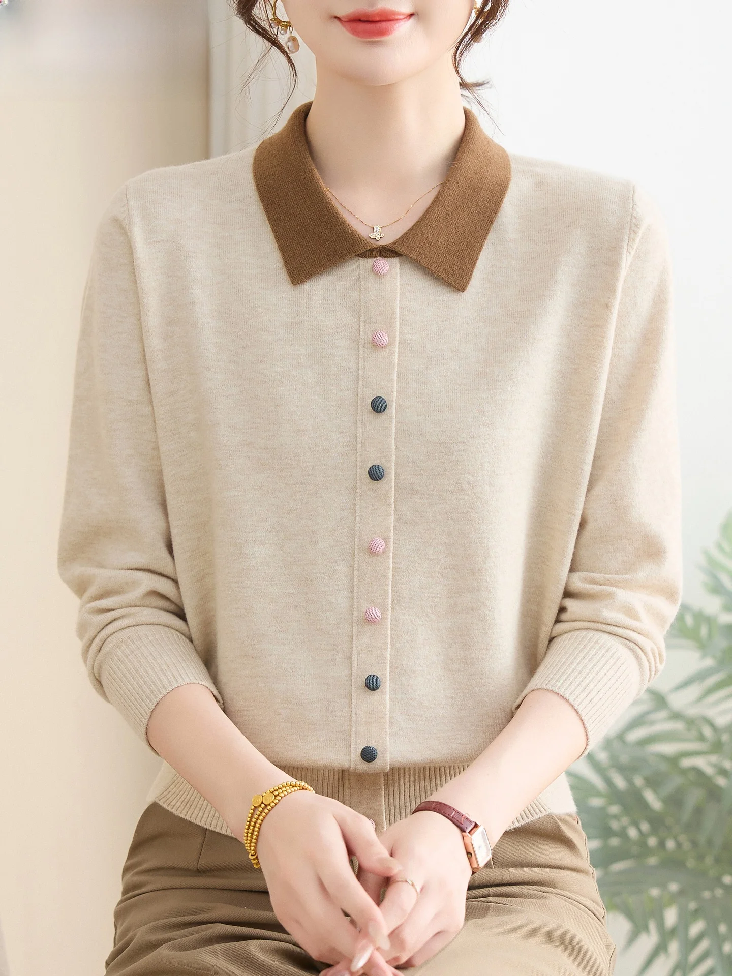 

Ele Knitted Spring Faion Top for Mom Middle-Aged Women Comfortable Breathable Base Layer irt Resin Color Fastening