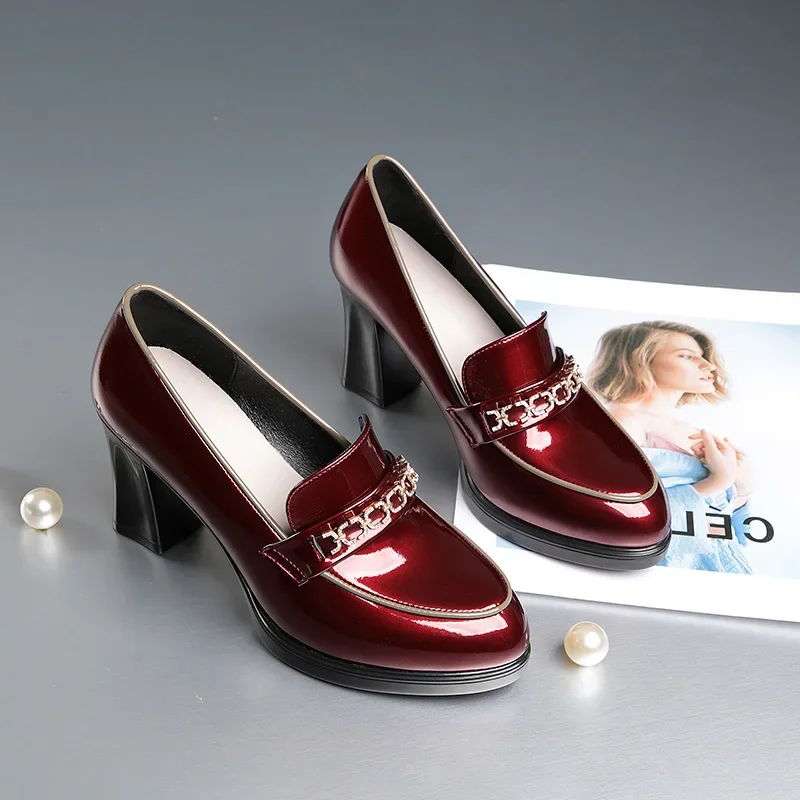 Vintage British Style Deep Mouth Patent Leather Shoes Women Pumps 2024 Spring Block High Heels Shoes Loafers Women for Office