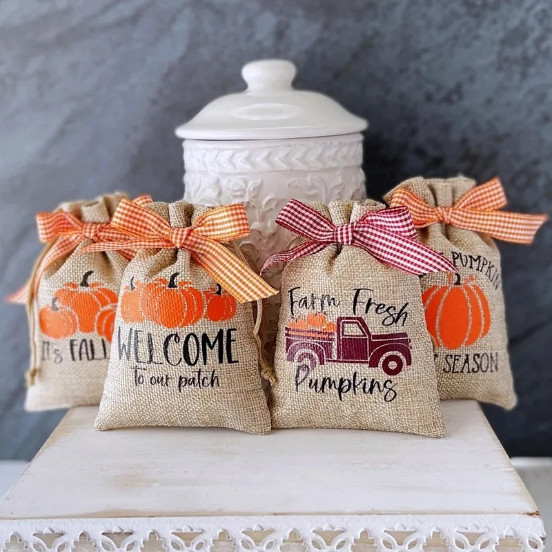 

5pcs Mini Pumpkin Burlap Drawstring Gift Bag Tiered Tray Decorate Supplies Trick or Treat Candy Bag Halloween Party Accessories