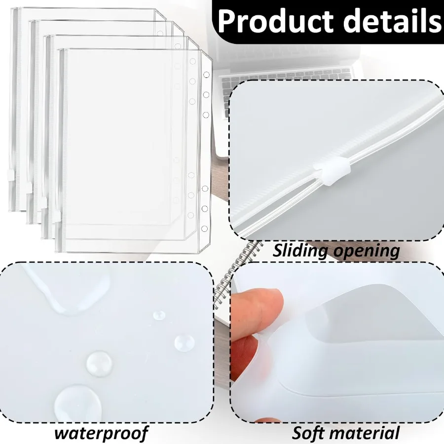 Carpeta transparente Premium con cremallera, 12 Uds., tamaño A5, 6 agujeros, insertos para carpetas, bolsas para archivar documentos para cuaderno de 6 anillas, bolsas de hojas sueltas