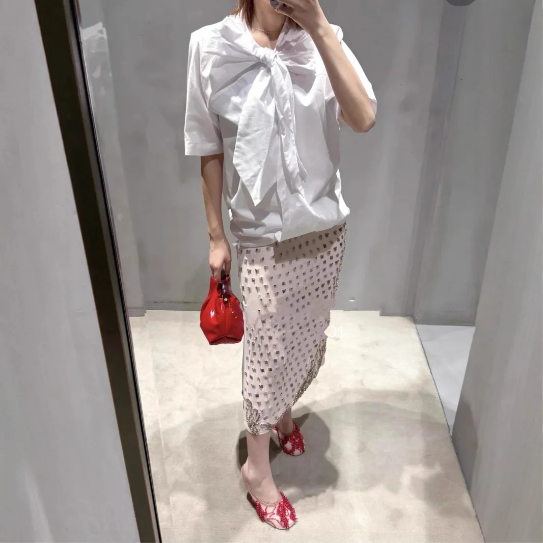 

Gagarich 2025 Early Autumn New Design Lace Up Bow Loose Temperament Retro Hong Kong Style White Long Sleeved Poplin Shirt Top