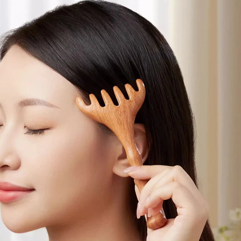 Wide Tooth Gua Sha Tool Scratcher Spa Promote Blood Circulation Deer Antler Comb Head Meridian Massage Comb Anti-static Wooden
