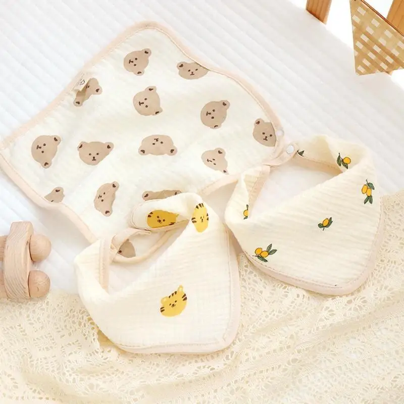 

95AE Baby Bib Cotton for Triangle Towel Cartoon Pattern Button Soft Saliva Towel for Newborn Infant Girls Boys Feeding