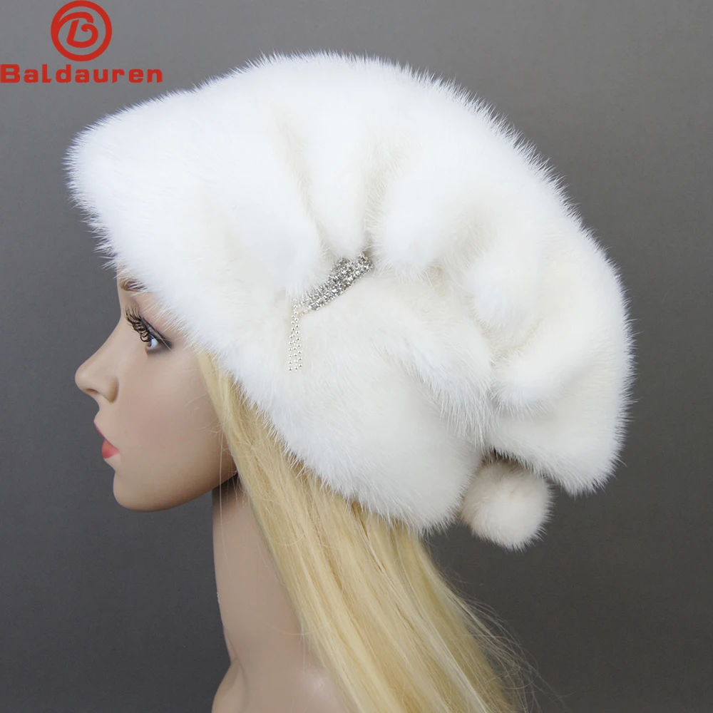 

2024 Fashion Hot Whole Genuine Mink Fur Hats Female Winter With Mink Fur Pompons Elegant Luxury High Quality Ladies Beanie Hat