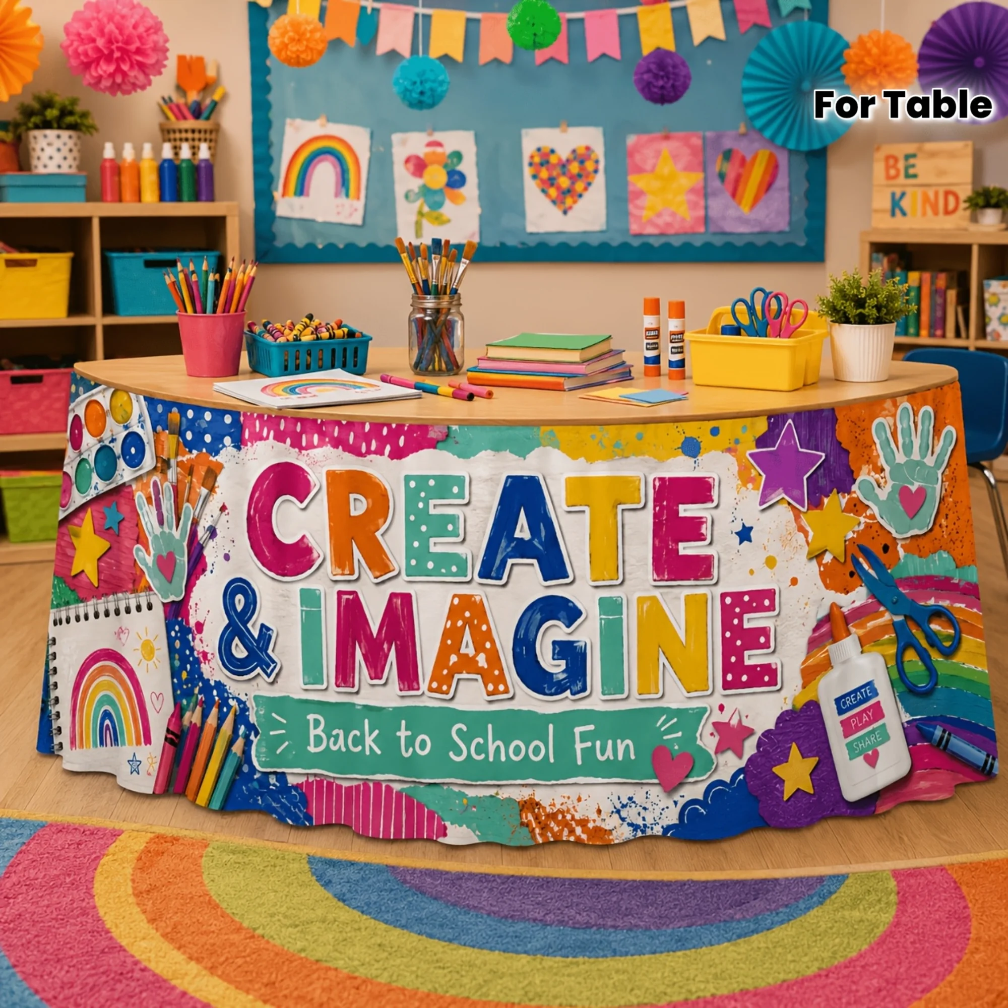 Jupe de table de fête 1 pièce. Jupe de table à motif artistique créatif pour la rentrée scolaire. Convient aux événements scolaires et aux cours d'art.