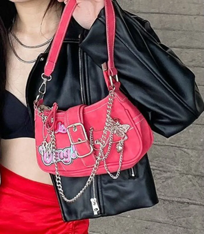 Y2K Sweet Cool Girls Underarm Bag Fashion Women\'s Pink Shoulder Crossbody Bags Retro Chain Female Clutch Tote Purse Handbags