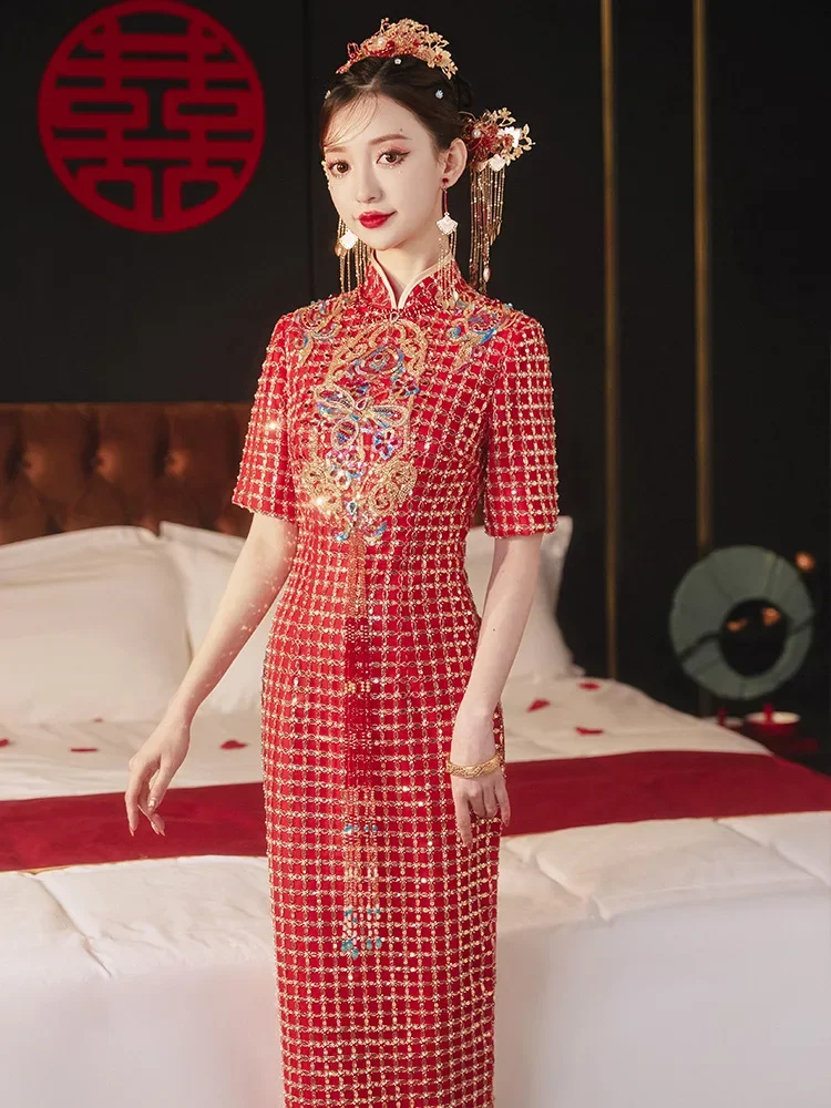 2022 Women Vintage Red Sequins Wedding Chinese Modern Short Sleeve Qipao Dress Women's Sexy Slim High Split Cheongsam