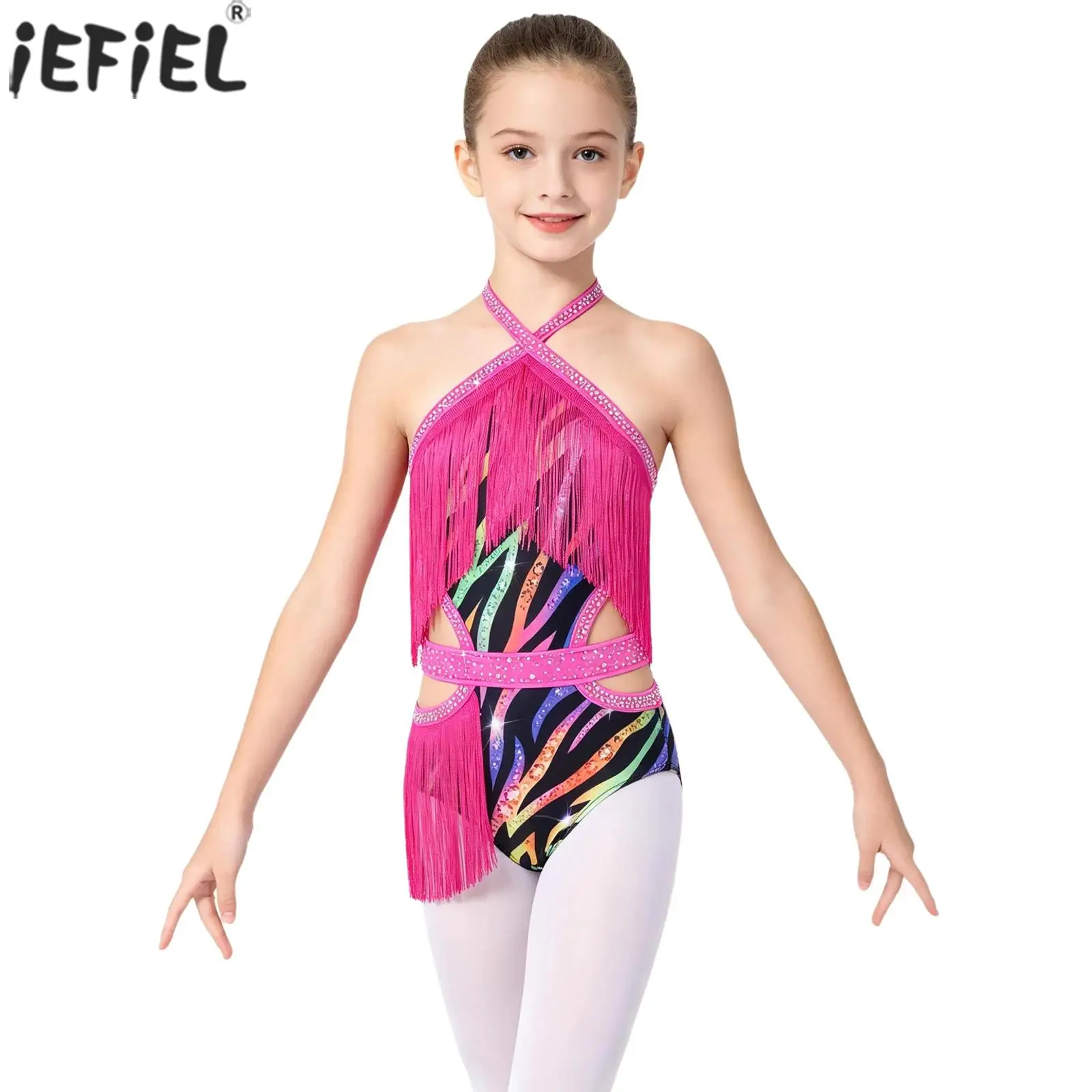 Kids Girls Latin Dance Jumpsuit Halter Sleeveless Cutout Rhinestones Tassels Leotards Tango Cha Cha Rumba Figure Skating Costume