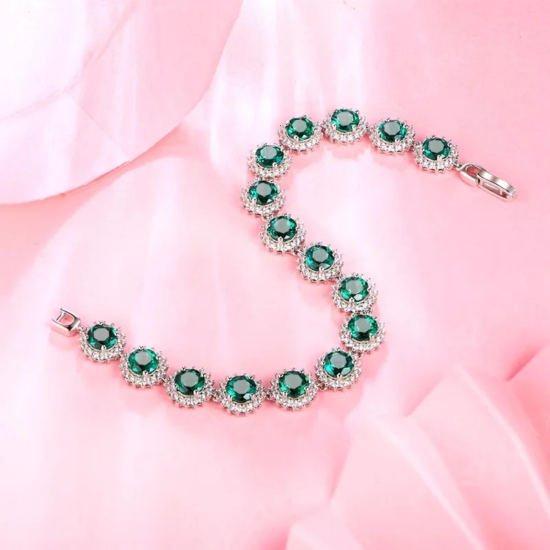 Vintage Real 925 Sterling Silver Emerald Gemstone Lab Diamonds Strand Bracelet for Women Romantic Tennis Chain Charm Bracelets