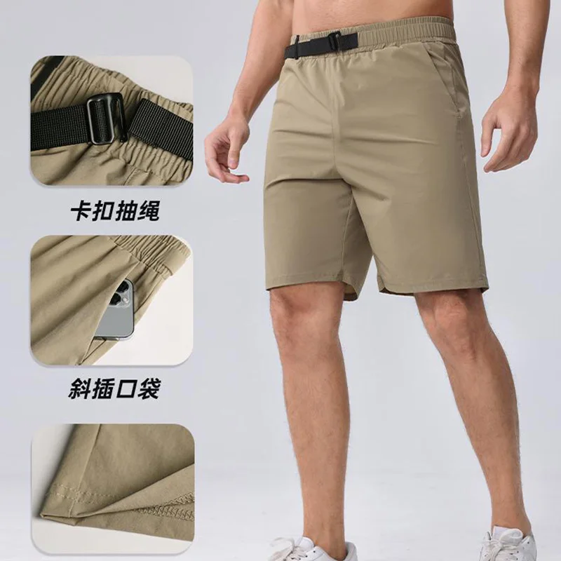 

Khaki Casual Half Shorts with Loop Buckle Belt Drawstring Solid 90% Nylon 10% Spandex New Pattern Short Pants Side Pockets Down