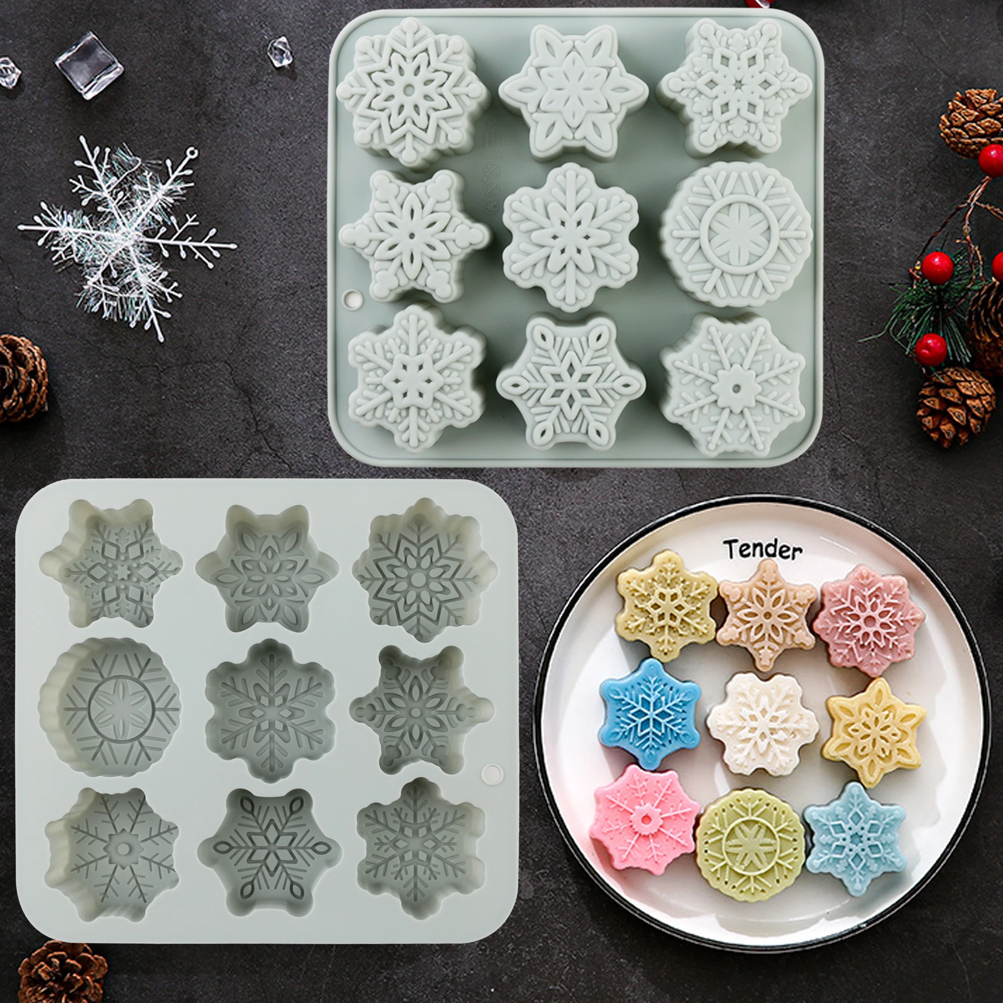 1 Pack Silicone Christmas Snowflake Mold Thick Non-Stick Candy Mold for Making Candles Candies Pudding Jelly Cakes Baking Mousse