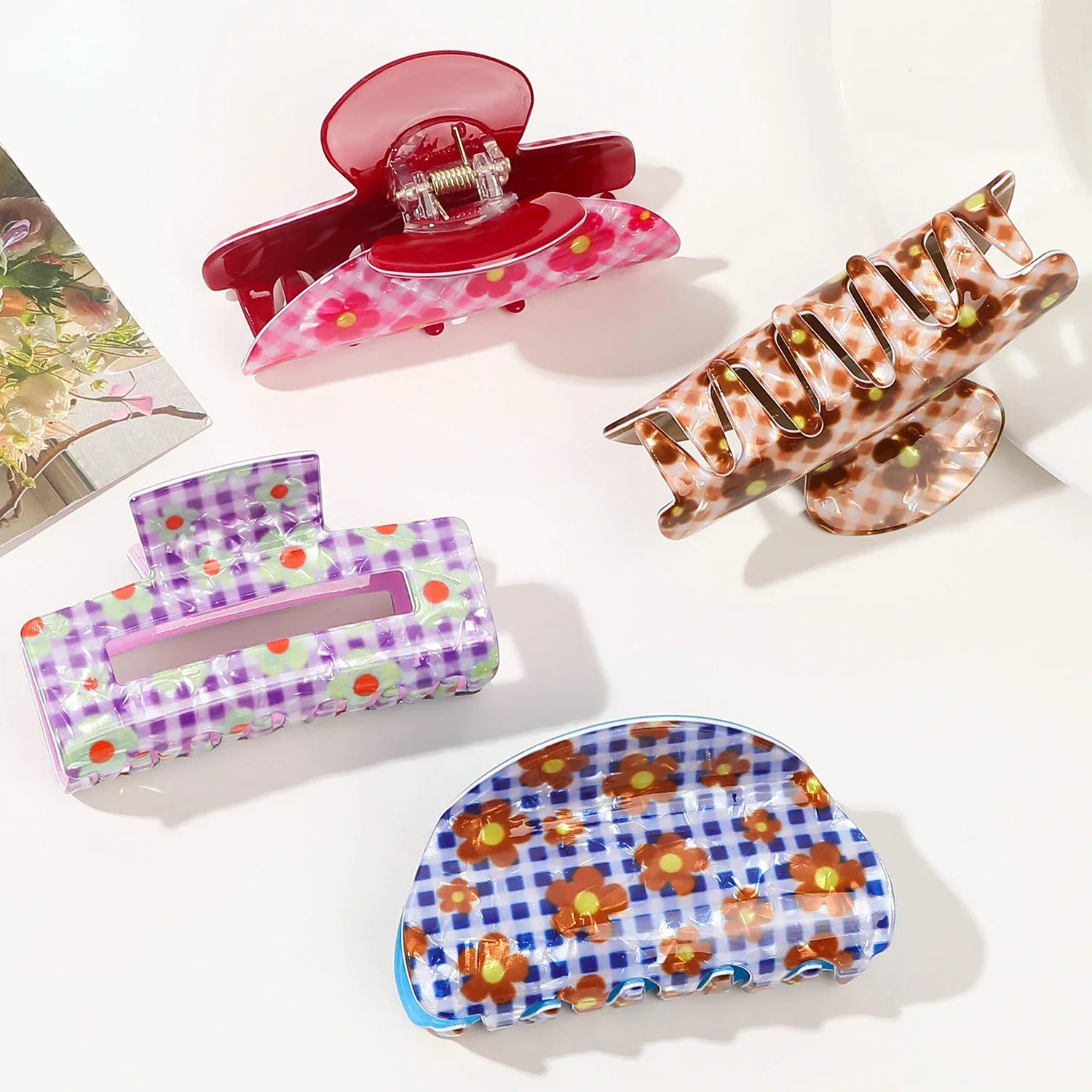 PVC 사각 꽃 격자 무늬 헤어 클립, 10.5cm 대형 여성 머리핀 상어 클립, 패션 귀여운 홀리데이 파티 소녀 헤어 액세서리 선물