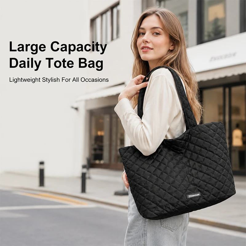 Large Capacity Women Quilted Tote Bag Lightweight Puffer Nylon Shoulder Bag Diamond Lattice Casual Handbag for Daily Commute