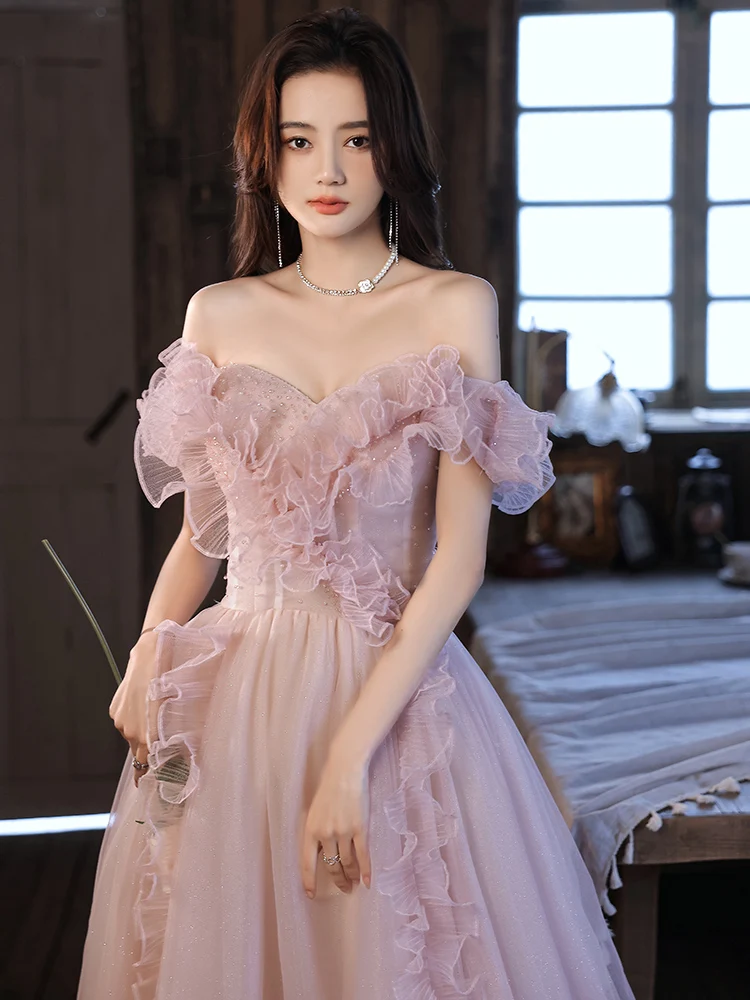 Off The Shoulder Pink Prom Dress Bride Light Luxury High-end Engagement French Evening Dresses Bridesmaid Gonws