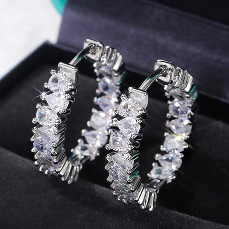 UILZ Female Luxury Crystal Square Bride Hoop Earring Silver Color Wedding Jewelry White Zircon Stone Earrings for Women