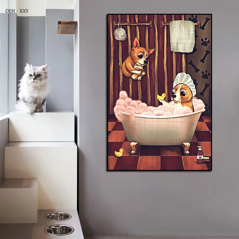 Vintage Wall Art Decoration Painting Cute Dog Sit on Toilet Chihuahua Canvas Posters Retro Coffee Shop Bar Bathroom Wall Decor