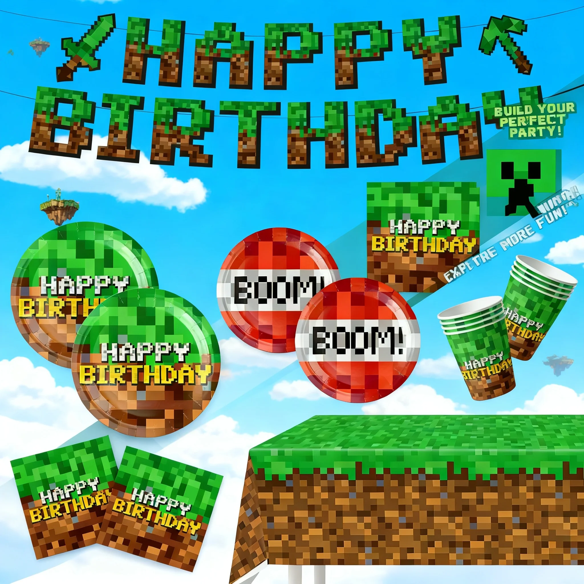 

Minecraft Themed Birthday Party Supplies Disposable Dinnerware Set Banner Cake Topper Hanging Flag Hot Game Decorations