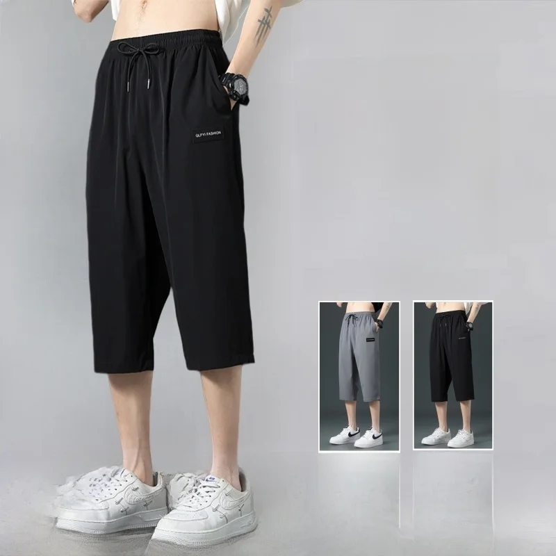 

Ice Silk Seven-Quarter Casual Pants Men's Summer Korean Sle Thin Loose Qui Dry Sport Straight Knee-Length orts