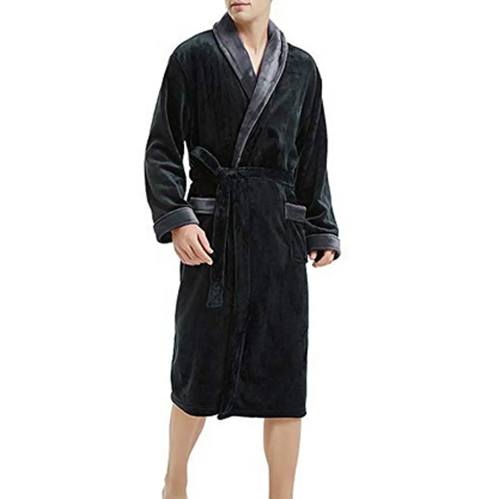 2024 Winter Men\'s Bathrobe Solid Color Belt Flannel Hooded Bath Robe Pockets Warm Men Nightgown Home Gown Sleepwear Men Clothing