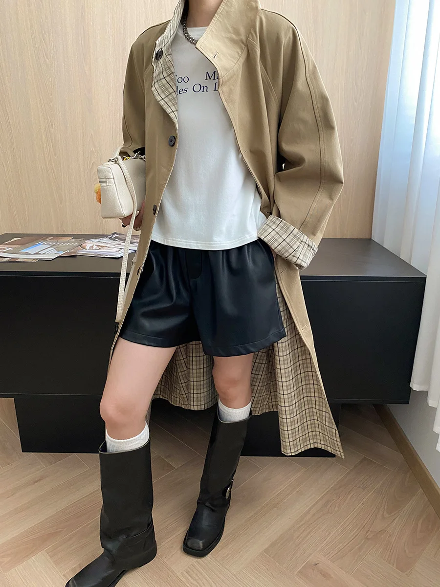 

Front and back, stand up collar silhouette windbreaker jacket, long style