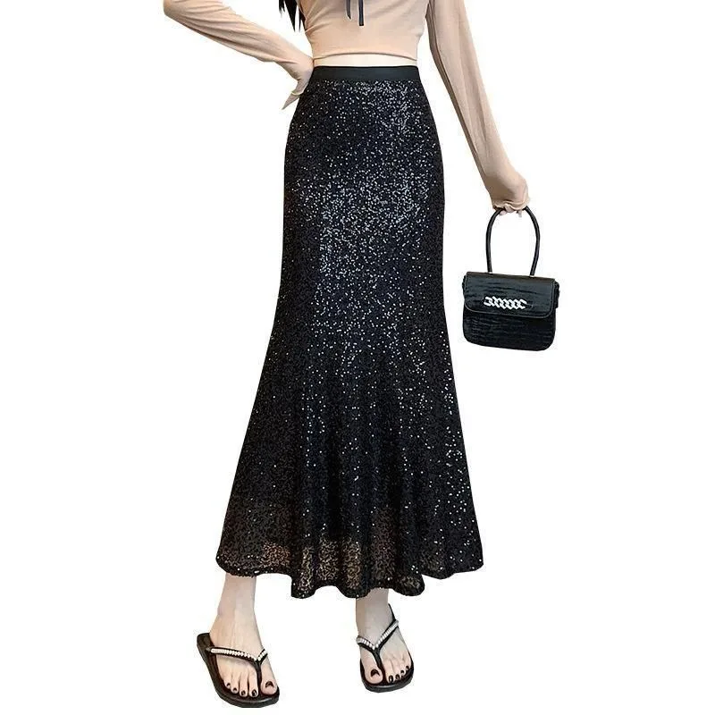 Saia de lantejoulas feminina moda coreana elástica cintura alta babados bainha uma linha y2k noite fora festa bodycon midi saia roupas