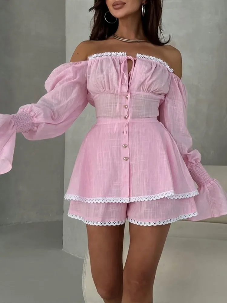 Lace Patchwork Top Shorts Set Women Cut Chest Wrap Long Sleeve Single-breasted Tops Elastic Waist Short Pant 2 Piece Sets Woman
