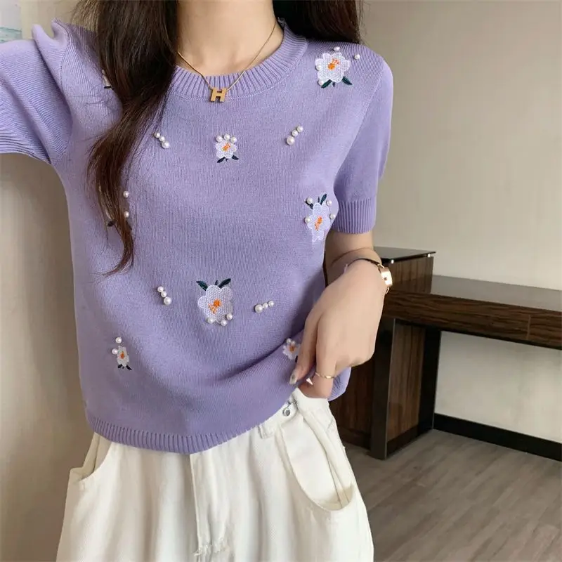 Women Summer Chic Embroidery Floral Pearl Black Knit T-Shirts 2025 Lady Graceful Slim Short Sleeve Tees Daily Joker Tops Female