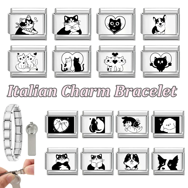 

Y2K Black Color Dogs Cats Italian Charm Links Stainless Steel Fit 9mm Bracelet Jewelry DIY Making Gifts Wholesale