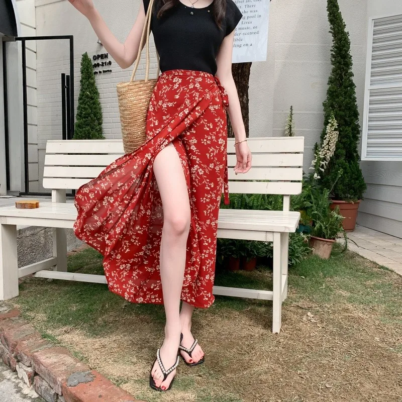 

Red Floral Halter Midi Skirt Women Summer Travel Drapey Chiffon Asymmetrical One-Piece Wrap Skirt Bodycon Mid-Length Skirt