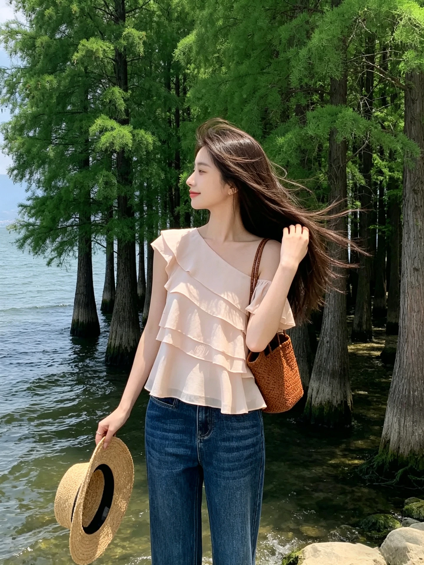 

Pink Ruffle Sleeve Short Shoulder Slim Fit Shirt Women's Korean Style Summer Fashion Casual Chic Style Pure Color Shirt