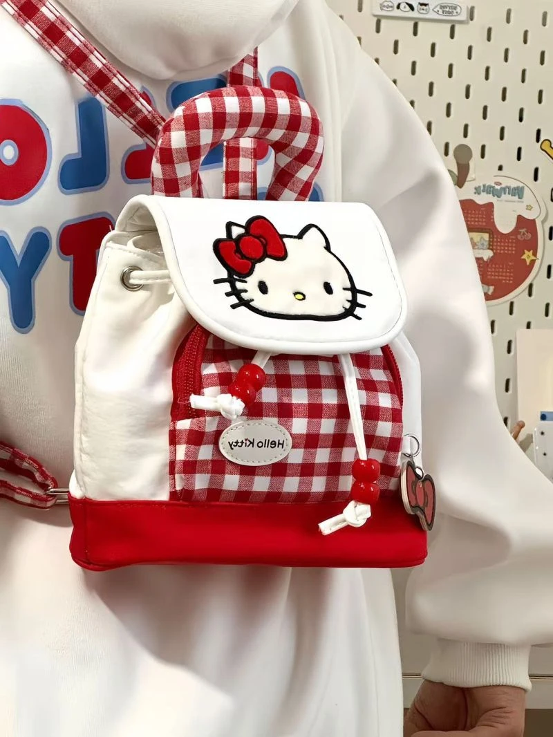 Xiuya Hello Kitty Womens Backpack Small Plaid Sweet Cute Aesthetic Backpacks Cartoon Embroidery Kawaii Casual Fashion Female Bag