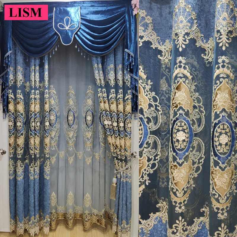 European Luxury Blue Thickened Chenille Chinese Style Living Room Hollow Embroidered Window Custom Blackout Lace Yarn Valance