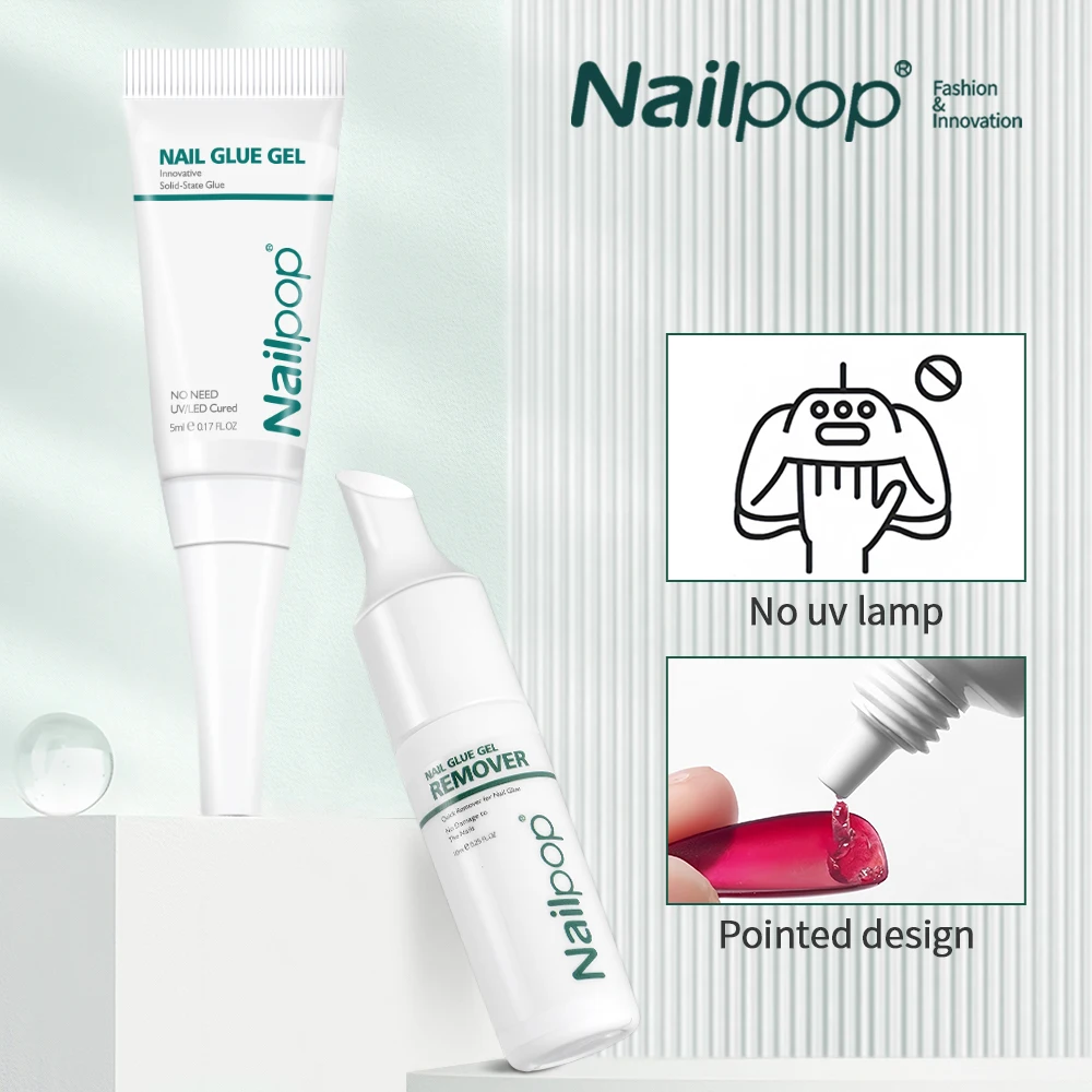 

Nailpop Quick Drying Solid Nail Glue with Remover for Press On Nails Tips No Need for UV Lamp Long Lasting Fake Nails Glue Kit