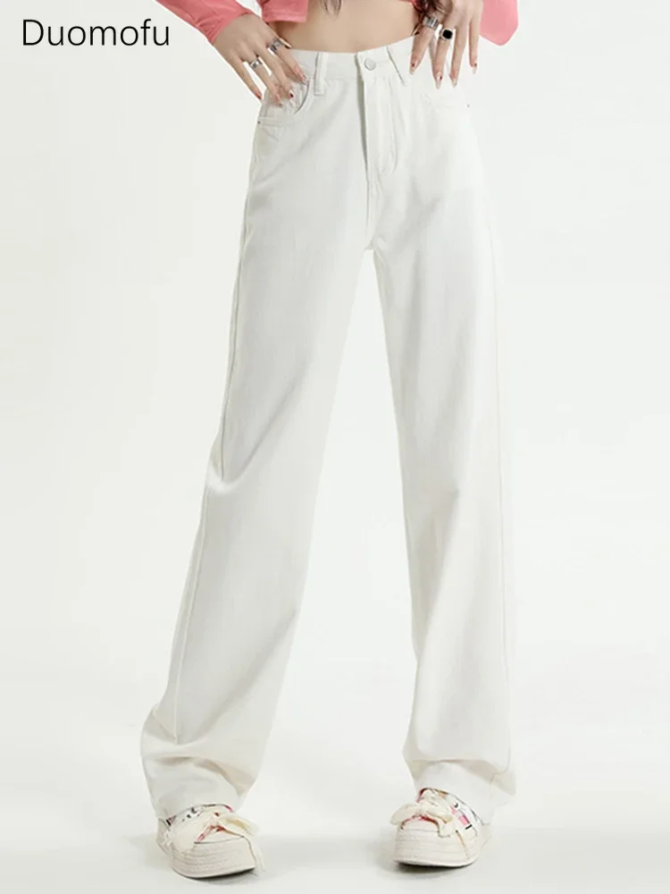 

Duomofu белые тонкие прямые джинсы с высокой талией полной длины женские джинсы корейские базовые простые повседневные модные однотонные женские джинсы XS-XL