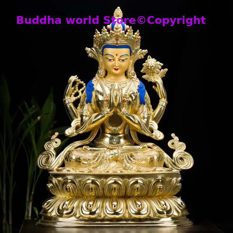 

48CM large High-grade Buddha statue Tibetan Buddhism Nepal Gilding Four arm Guanyin Buddha statue bless Safety Health luck