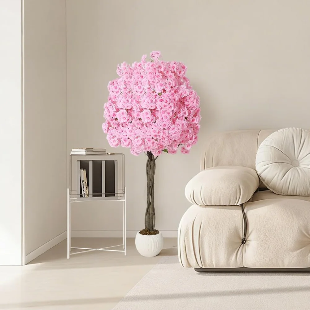 Arbre à fleurs de cerisier rose réaliste en soie avec tronc en bois naturel – Arbre artificiel fleuri de 5 pi/6 pi dans un pot décoratif, parfait pour la décoration intérieure et extérieure de la maison et du bureau