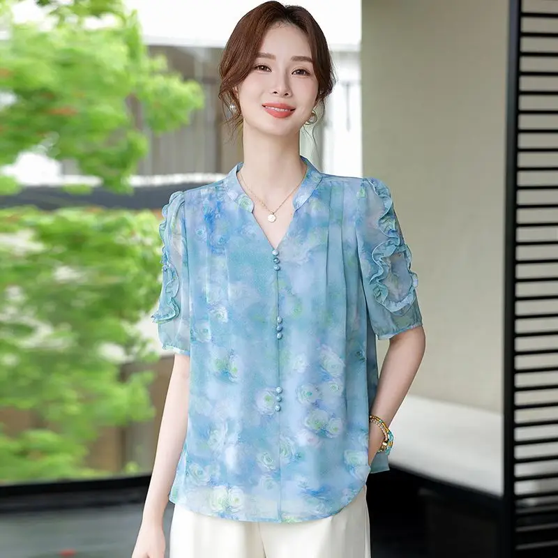 

Women's New Splicing Socket V-neck Button Printing Fashionable Loose Versatile Casual Short-sleeved Top