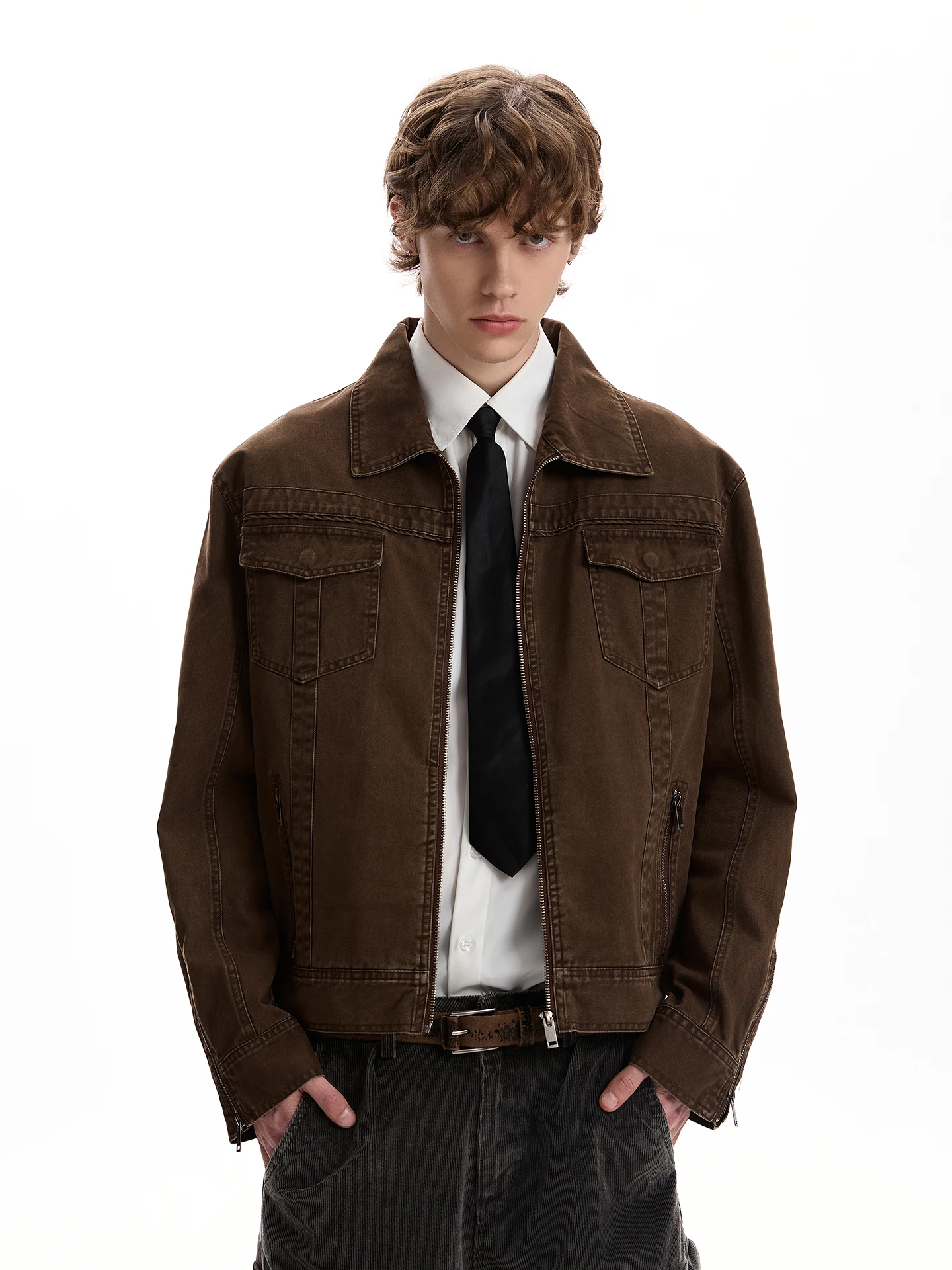 

Ретро-куртка из американского денима с эффектом потертости, укороченная, свободного кроя, в стиле рабочей одежды, с деконструированным воротником, молодежная, модная, хлопковая, весна-осень