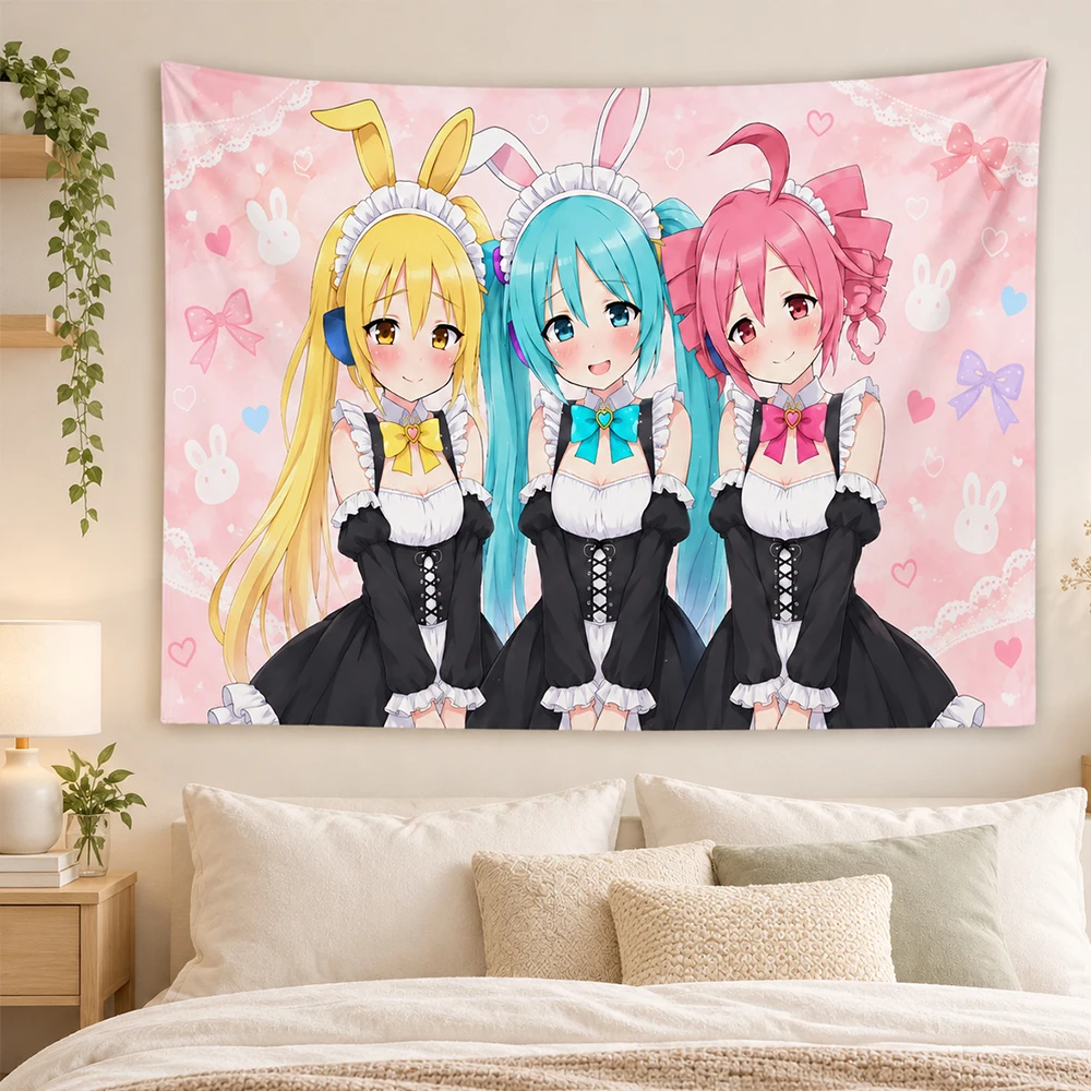 Anime Wall Tapestry, HD Print, Hatsune Miku 3 Girls Bunny Maid Pattern, Wall Hanging For Bedroom Dorm Gaming Room, Multiple Size