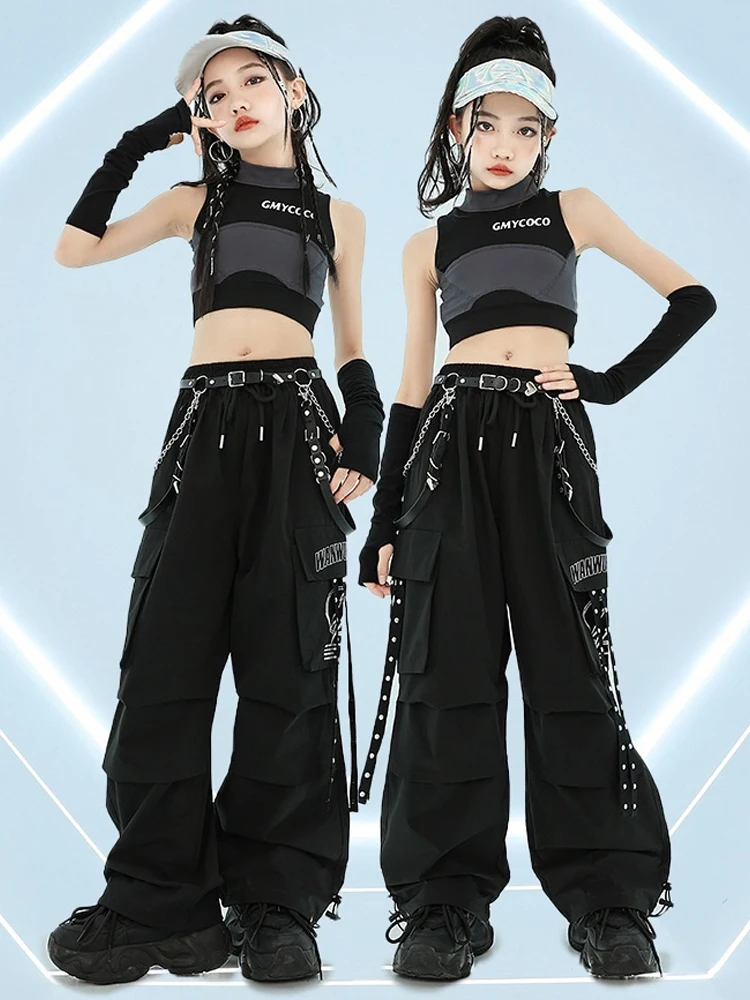 Girls Jazz Dance Clothes Black Navel Tops Pants Fashion Cool Kpop Clothing Hip Hop Performance Suit Kids Stage Costume BL13427